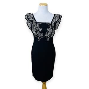 HAUTE MONDE Black Ruffle Floral Bodycon Mini Party Dress XS/ SMALL